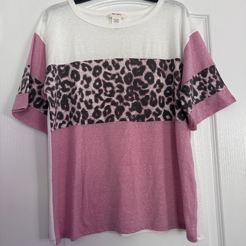 BIBI Pullover Top Mauve Cream Leopard Print Small